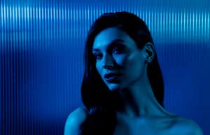 woman blue background