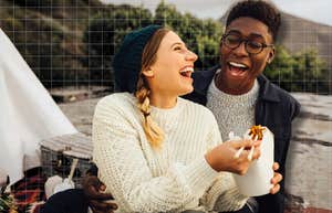 Couple on first date, smiling, comliment 