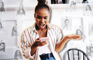 Woman stalking the man she's dating, online dating profile.