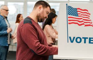 middle-aged man voting at booth