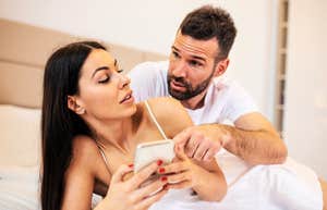 Upset husband, wife having affair in their home.