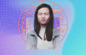 woman making funny face in front of chinese zodiac weekly horoscope wheel september 16-22, 2024