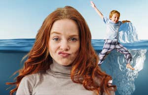 Invisible challenges and gifts on the adhd iceberg Woman making face, overwhelmed by being on the adhd iceberg with her kid