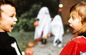 Kids being spooked on halloween night.