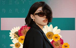 woman wearing sunglasses with zodiac signs important themes 2025