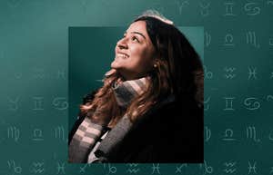 happy woman with zodiac signs emerald year 2025