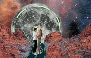 couple dancing in front of moon zodiac signs monthly horoscope february 2025