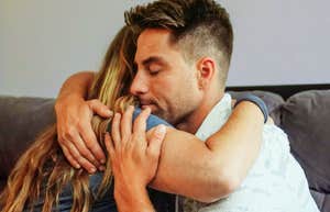 Man defusing wife's anger. 