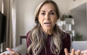 engaged woman talking to camera