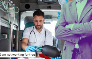 ambulance worker in truck, boss with arms crossed, reddit title post