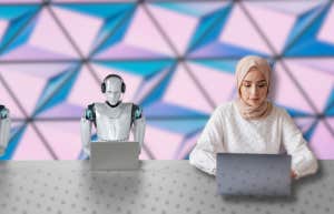 woman working on laptop next to robots working on laptops