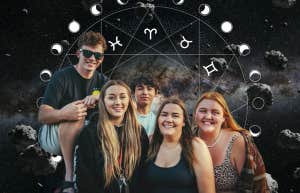 friends and zodiac wheel in front of asteroids