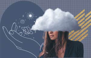 woman with head in a cloud, hand holding planets