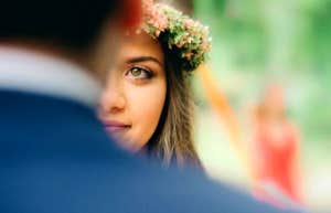 bride looking at groom