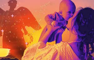 100 Best Angel Names For Baby Boys & Girls angel next to woman holding baby