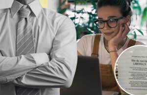 woman working at desk, man with arms crossed, business sign