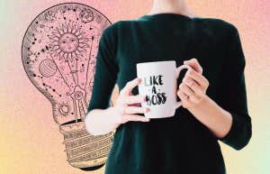 astrology lightbulb and person holding 'like a boss' mug