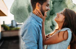 Couple talking, hands on face