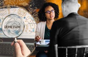 Woman on a date, shocked by her depression