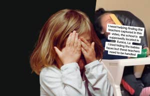 tiktok of daycare workers throwing cheese at baby's face and girl covering face with hands