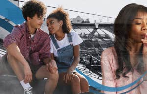 teenage couple sitting and talking