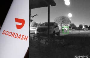 Phone screen of the DoorDash app on the right; security footage of a man running away from a driveway.