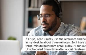 employee, desk, restroom breaks 