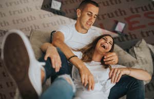 happy couple surrounded by truth and a big LIE