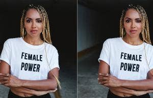 woman in white shirt that says 'female power'
