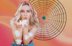 woman blowing flowers in front of annual profection wheel