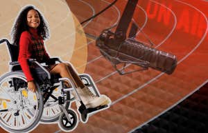 Young girl on school track in wheel chair, radio show