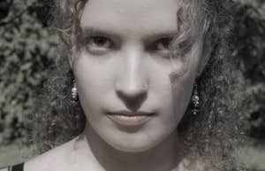 woman with intense eyes black and white photo