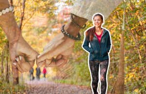 Woman outside walking in nature to clear her head 