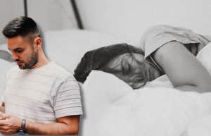 man on his phone, sick woman in bed