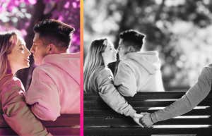 a couple leaning in for a kiss while the woman is holding hands with another man