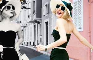 Woman on a pink street with shipping bags