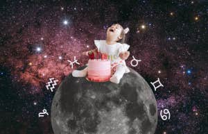baby with cake sitting on the moon, zodiac sign symbols