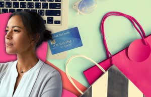 The Hardest Lesson You'll Ever Learn About Happiness Is Also The Most Important One sad woman surrounded by online shopping items