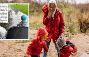 Gemma McCaw's Instagram story, mom and kids in the rain