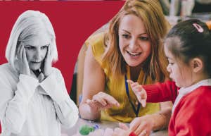 annoyed woman and elementary teacher with student
