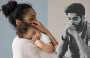 Woman holding infant, man thinking with hands over mouth