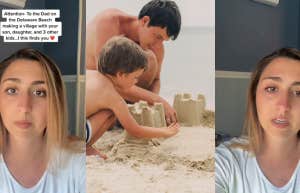A Mom's Open Letter To A Dad At The Beach Building A Sand Village With A Bunch Of Kids After Her Son Wanted To Destroy It Jess Martini talking about the beach with her son on TikTok