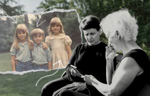 Our Birth Order Dynamics Changed When My Sibling Died Two siblings looking at a older photo of their baby brother