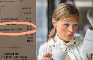 On the left is a photo of a receipt; on the right, a woman is holding a receipt with a baffled expression