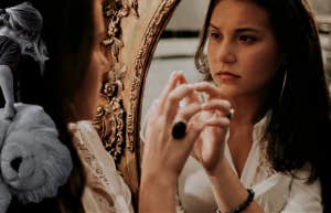 Image of woman looking at the mirror, background image of a sad little girl superimposed