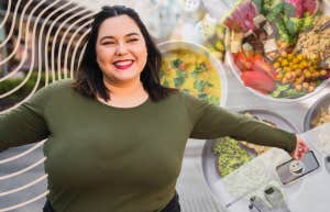 Happy plus size woman, with a wonderful relationship with food