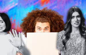 two therapists cringing, man behind a laptop