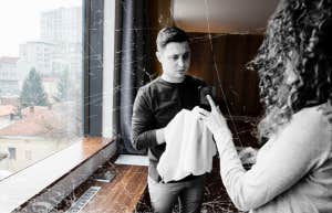 Woman confronting man cheating 