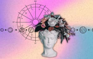 astrology planets, bust with flowers and birth chart
