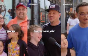 Fathers answering questions about their kids on the street